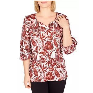 Ruby Rd Meet Me in Tahiti Linen Blend Printed Rust Tassel Blouse L